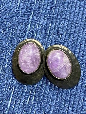 Hammered Sterling Silver Purple Stone Oval Earrings